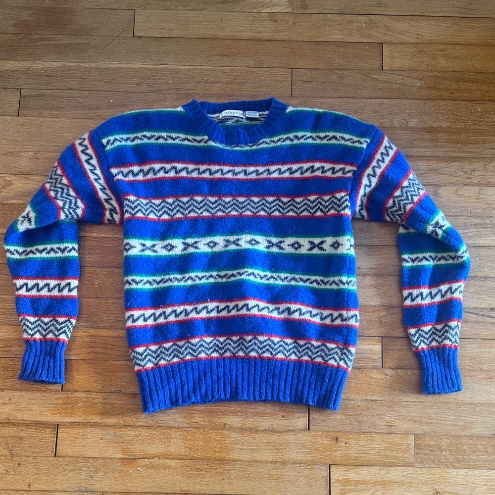 Claiborne Blue Fair Isle Crewneck Sweater with Red and Green Accents
